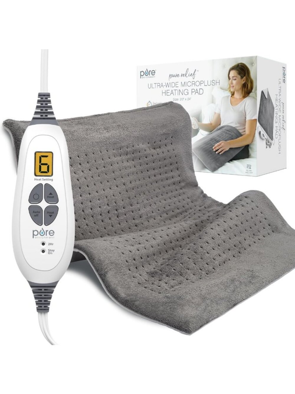 XXL Microplush Heating Pad - 20”x24”, 6 Heat Settings, Moist Heat, Washable for